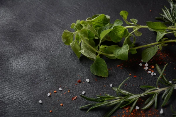 Karanlık taş arka planda baharatlar ve bitkiler