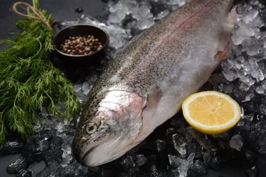 Limon, biber ve dereotlu taze alabalık. Lezzetli balık pişirmeye hazır. Sağlıklı deniz ürünleri ve diyet konsepti.
