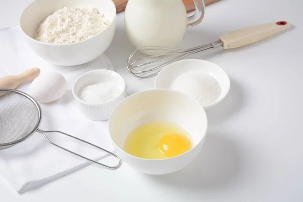 Frame Food Ingredients Baking White Background Flour Eggs Sugar Milk — Stock Photo, Image