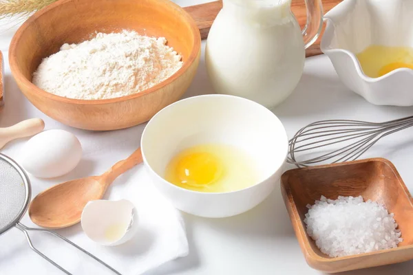 Frame Food Ingredients Baking White Background Flour Eggs Sugar Milk — Stock Photo, Image