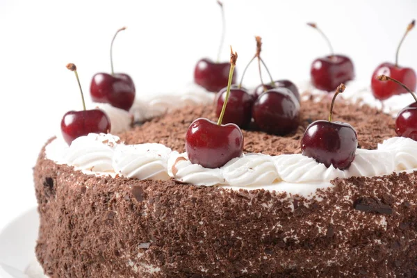 Черный Лесной Торт Пирог Шварцвальд Темный Шоколад Вишневый Десерт Белом — стоковое фото