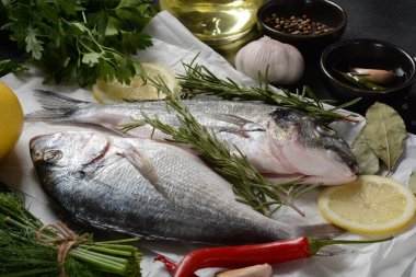 Çiğ çiğ dorado ya da limonlu, otlu, yağlı, sebzeli ve baharatlı çipura balığı siyah arka planda beyaz kağıt üzerinde