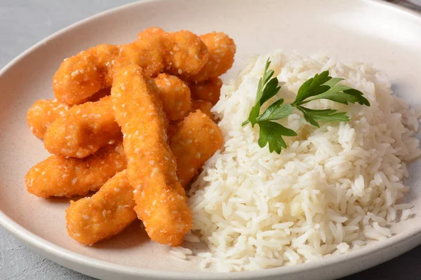 Chicken Nuggets Rice Vegetables White Plate — Stock Photo, Image