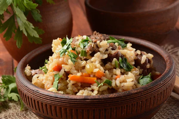 Carne Vaca Frita Cozida Com Arroz Cozinha Uzbeque Pilaf Plov — Fotografia de Stock