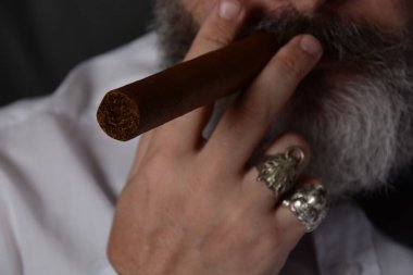 Beyaz gömlekli bir adam elinde Küba purosu tutuyor ve içmeye hazır..