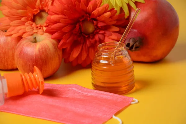 Rosh Hashanah Feriado Ano Novo Judaico Conceito Símbolos Tradicionais Jarra — Fotografia de Stock