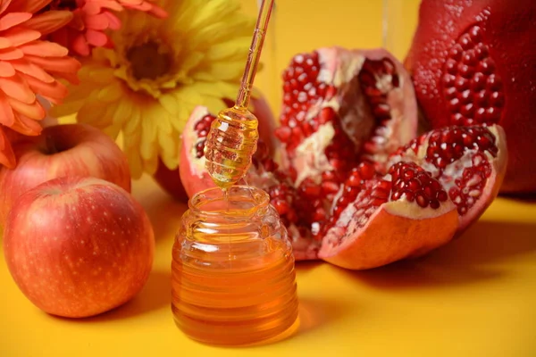 Rosh Hashanah Feriado Ano Novo Judaico Conceito Símbolos Tradicionais Jarra — Fotografia de Stock