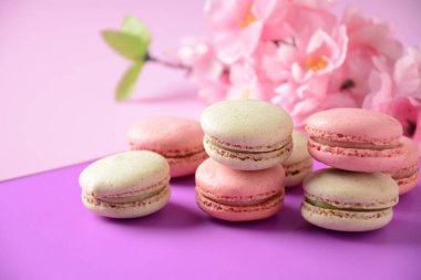 Renkli kurabiyeler. Küçük Fransız kekleri. Tatlı ve renkli Fransız kurabiyeleri, renkli badem kurabiyeleri, pastel renkler.