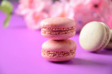 Renkli kurabiyeler. Küçük Fransız kekleri. Tatlı ve renkli Fransız kurabiyeleri, renkli badem kurabiyeleri, pastel renkler.