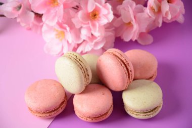 Renkli kurabiyeler. Küçük Fransız kekleri. Tatlı ve renkli Fransız kurabiyeleri, renkli badem kurabiyeleri, pastel renkler.