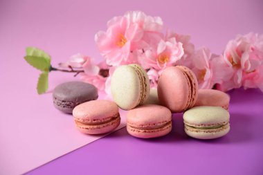 Renkli kurabiyeler. Küçük Fransız kekleri. Tatlı ve renkli Fransız kurabiyeleri, renkli badem kurabiyeleri, pastel renkler.