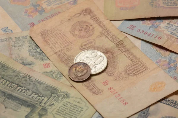 Stare Pieniądze Zsrr Stare Sowieckie Monety Banknoty Streszczenie Tła Pieniężnego — Zdjęcie stockowe
