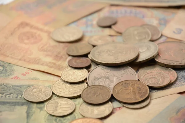 Dinheiro Antigo Urss Moedas Notas Antigas Soviéticas Fundo Monetário Abstrato — Fotografia de Stock