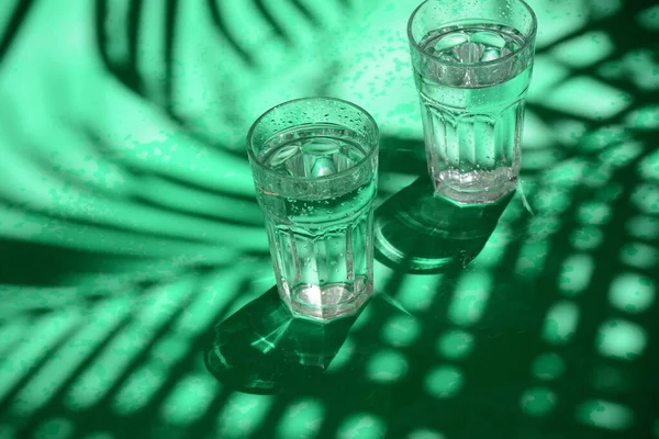 Liquido Trasparente Tazze Con Foglie Palma Tropicale Sfondo Verde — Foto Stock