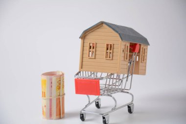 Küçük bir alışveriş arabasında bir ev ve para bir tüpün içinde yuvarlanmış. İpotek konsepti. Ev alma ya da kiralama konsepti, ev, kulübe