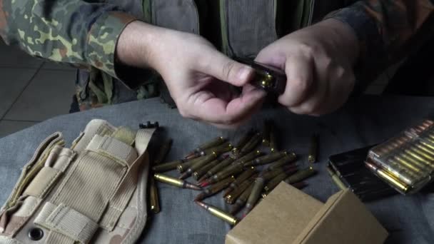 Male Hands Loading Rifle Magazine Bullets Hands Insert Live Ammunition — Stock Video