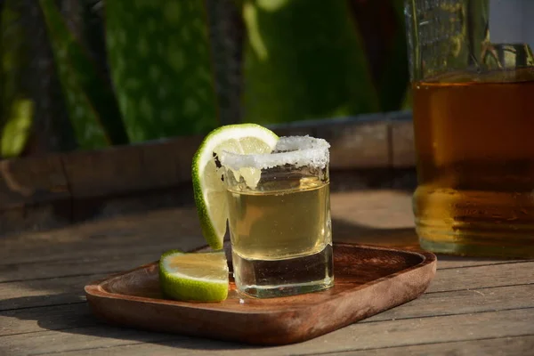 Tequila Oro Mexicano Vaso Chupito Con Cal Sal — Foto de Stock