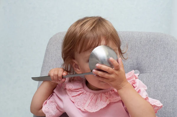 Cute Small Kid Girl Eats Big Spoon Hungry Funny Baby — Stock Photo, Image