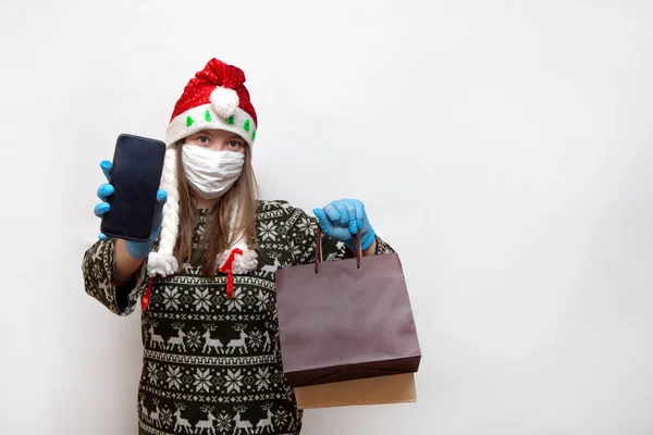 Konzept Der Weihnachtseinkäufe Glückwunsch Zur Pandemie Junge Frau Medizinischer Maske — Stockfoto