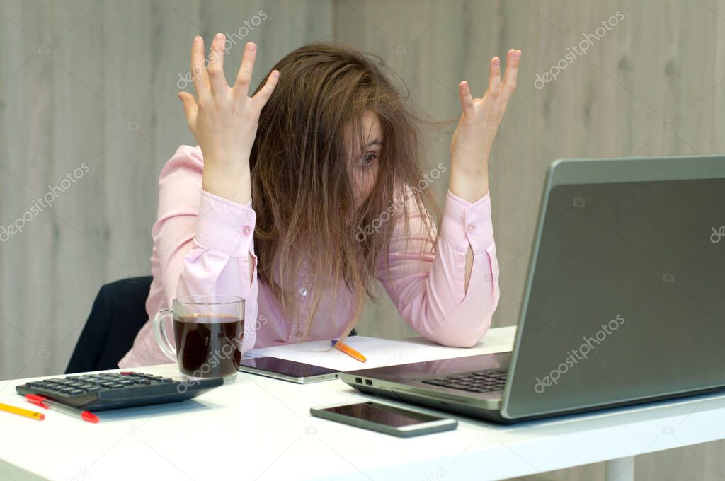 Too much work tired stressed young woman sitting at her desk in front laptop computer . Busy schedule burnout workplace sleep deprivation concept