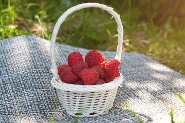 Yeşil yapraklı taze kırmızı ahududu dolu beyaz hasır sepet.