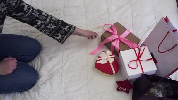 Woman Hand Untie Ribbon Gift Box Bed Christmas New Year — Stock Video