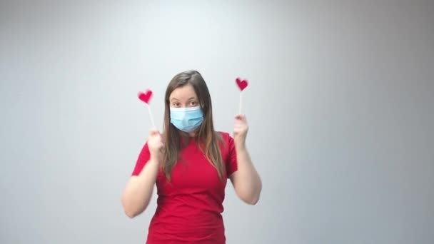 Portrait Young Beautiful Loving Woman Medical Mask Holding Red Heart — Stock Video