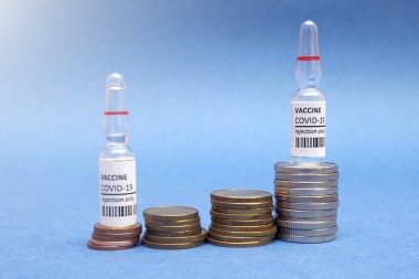 Coronavirus aşısı maliyeti. Aşı ampulü ve para. Covid-19 'a karşı savaş. Maaş, aşı ve tedavi kavramı