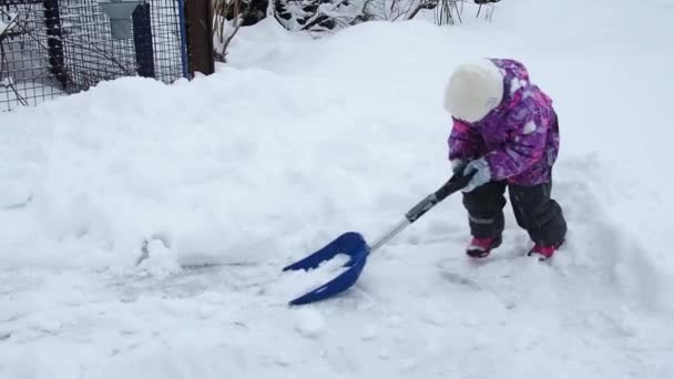 Το παιδί με το φτυάρι αφαιρεί το χιόνι. Το κοριτσάκι βοηθάει στον καθαρισμό της περιοχής κοντά στο σπίτι μετά από χιονοθύελλα. — Αρχείο Βίντεο