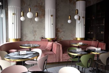 Modern tarzda, dokulu duvarları ve parketi olan bir restoran. Masalı yeşil ve pembe kanepeler var. Tavanda yuvarlak uzun ışıklar var. Minsk, Belarus - 20 Juny 2020