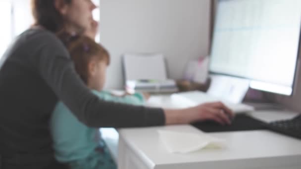 Mother Holding Girl Kid Using Computer Home Candid Authentic Real — Stock Video