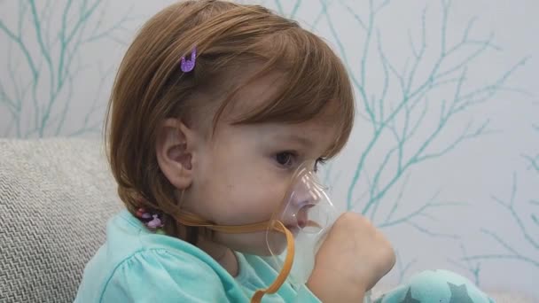 Sick Kid Girl Making Inhalation Mask Her Face Baby Makes — Stock Video