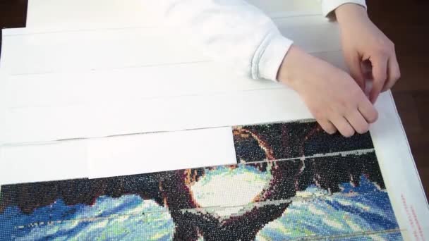 Woman Removes Protective Coating Shows Adhesive Base Collecting Diamond Embroidery — Stock Video