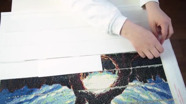 Woman Removes Protective Coating Shows Adhesive Base Collecting Diamond Embroidery — Stock video