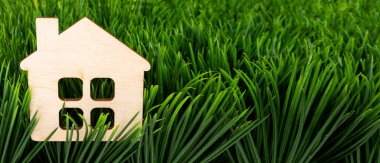 Çimlerin üzerinde küçük ahşap bir ev. Çevre dostu ev kavramı. Gayrimenkul yatırım kavramı. Enerji tasarruflu yeşil ev. Kopyalama alanı olan pankart