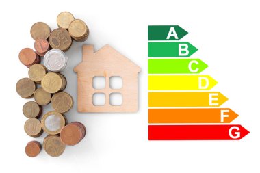 Bir yığın bozuk para ve ev modeli enerji verimliliği derecelendirme evini gösteriyor. Para biriktirmenin açık bir örneği