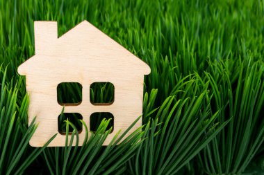 Çimlerin üzerinde küçük ahşap bir ev. Çevre dostu ev kavramı. Gayrimenkul yatırım kavramı. enerji tasarruflu yeşil ev