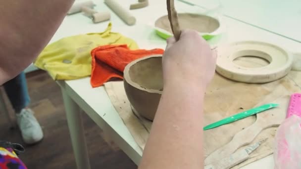 Woman Hand Potter Making Clay Cup Pottery Workshop Studio Process — Stock Video