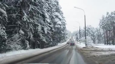 Kış karlı ormanlarda karla kaplı yolda giden araba. Pencereden görüntüle