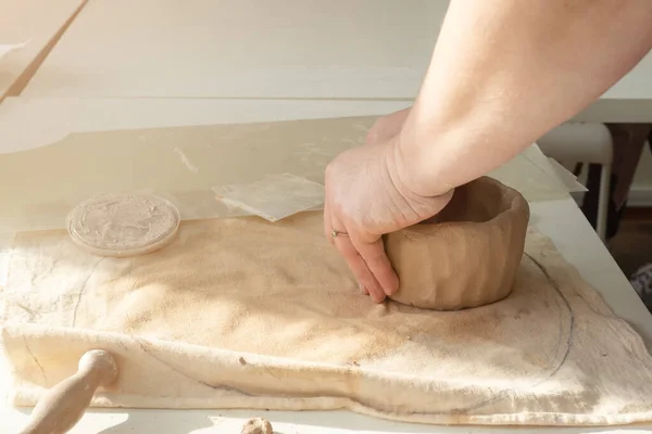 Woman Hand Potter Making Clay Cup Pottery Workshop Studio Process — Stock Photo, Image