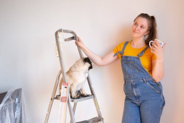 Mutlu kadın komik köpeğiyle dairesinde tamirat yapıyor. Yeni bir ev ve taşınma beklentisiyle mutluluk. Bir evcil hayvanla bağımsız bekar bir hayat 