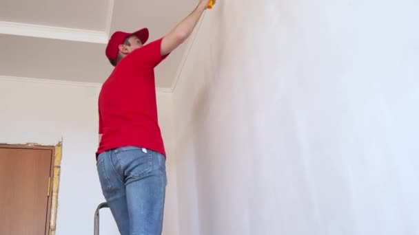 Duvarı Silindirle Kaplayan Bir Adam Çerisinin Tamiri Genç Erkek Dekoratör — Stok video
