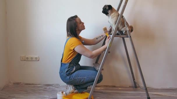 Женщина чинит квартиру со своей собакой и разговаривает с ней. Забавный мопс сидит на лестнице и слушает — стоковое видео