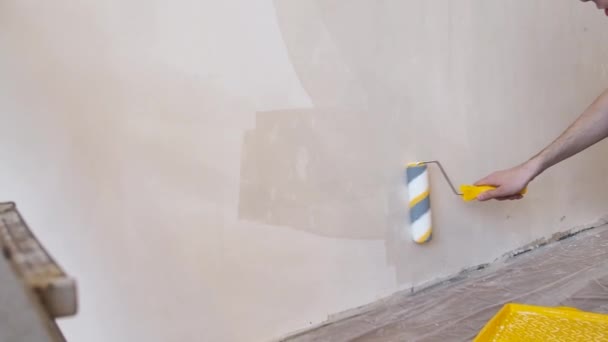 Duvarı silindirle kaplayan bir adam. İçerisinin tamiri. Genç erkek dekoratör boş odada bir duvar boyuyor. Yenileme işini kendin yap.. — Stok video
