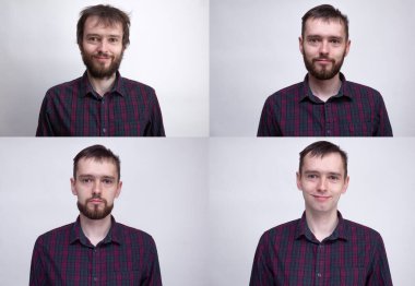 Tıraş olduktan sonra ya da sonra yakışıklı bir adam. İnsan portresi kolajı. Yüzdeki saç miktarına bağlı olarak yüzün değiştirilmesi örneği.