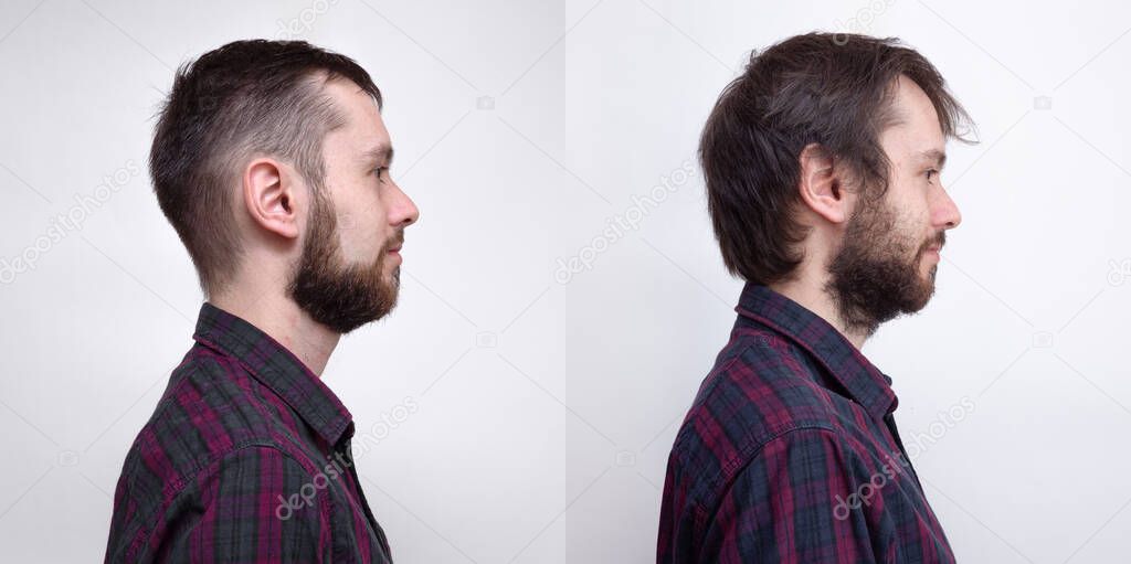 Handsome man after or before shaven. Collage of man portrait. Example of changing the face depending on the amount of hair on face.
