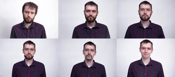 Um homem bonito, depois ou antes da barba. Colagem de retrato de homem. Exemplo de mudar o rosto dependendo da quantidade de cabelo no rosto. — Fotografia de Stock