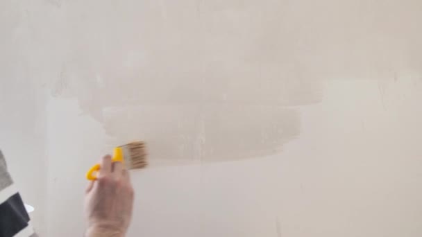 Man Priming Wall Brush Repair Interior Young Male Decorator Painting — Stock Video