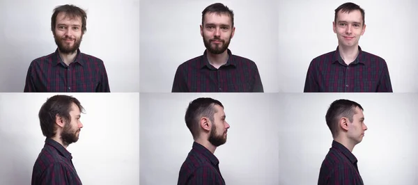 Przystojniak po goleniu lub przed goleniem. Kolaż portretu mężczyzny. Przykład zmiany twarzy w zależności od ilości włosów na twarzy. — Zdjęcie stockowe