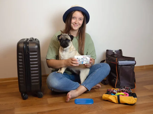 Woman collects medications in the first aid kit for pug dog. Packing for traveling with pets.